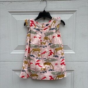 GAP Pink Deer Print Ruffle Sleeve Dress with Green and Red Accents